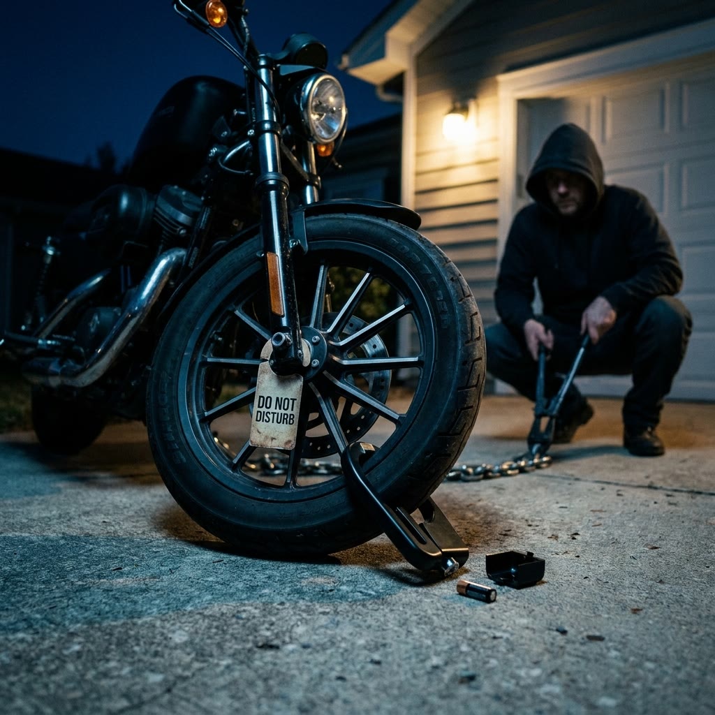An alarm disc lock with a do-not-disturb tag while a hooded thief cuts the bike chain behind it