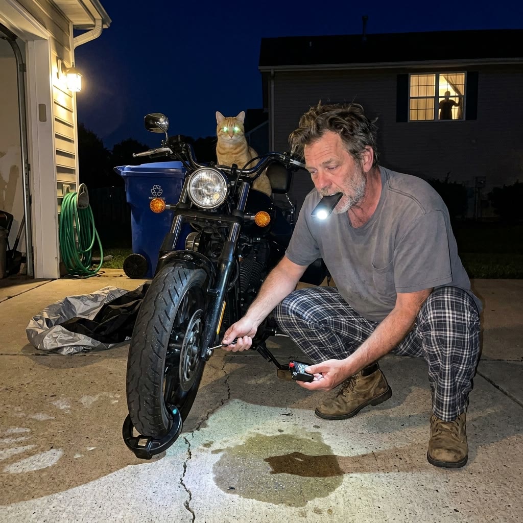 A tired rider pulls the battery from his alarm lock at 3 AM while a cat sits on the bike seat