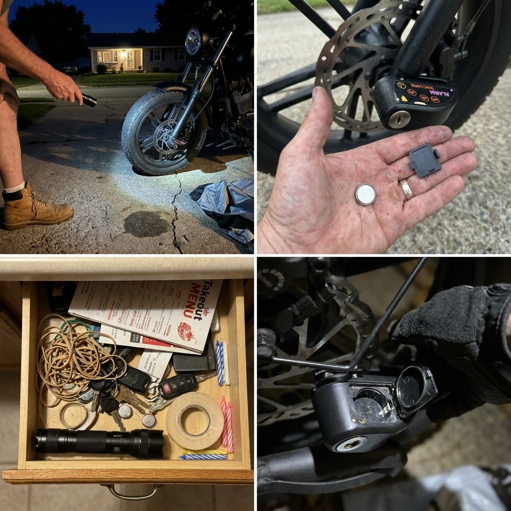 Four photos: a 3 AM false alarm, the battery pulled out, the battery in a kitchen drawer, and a dead alarm lock