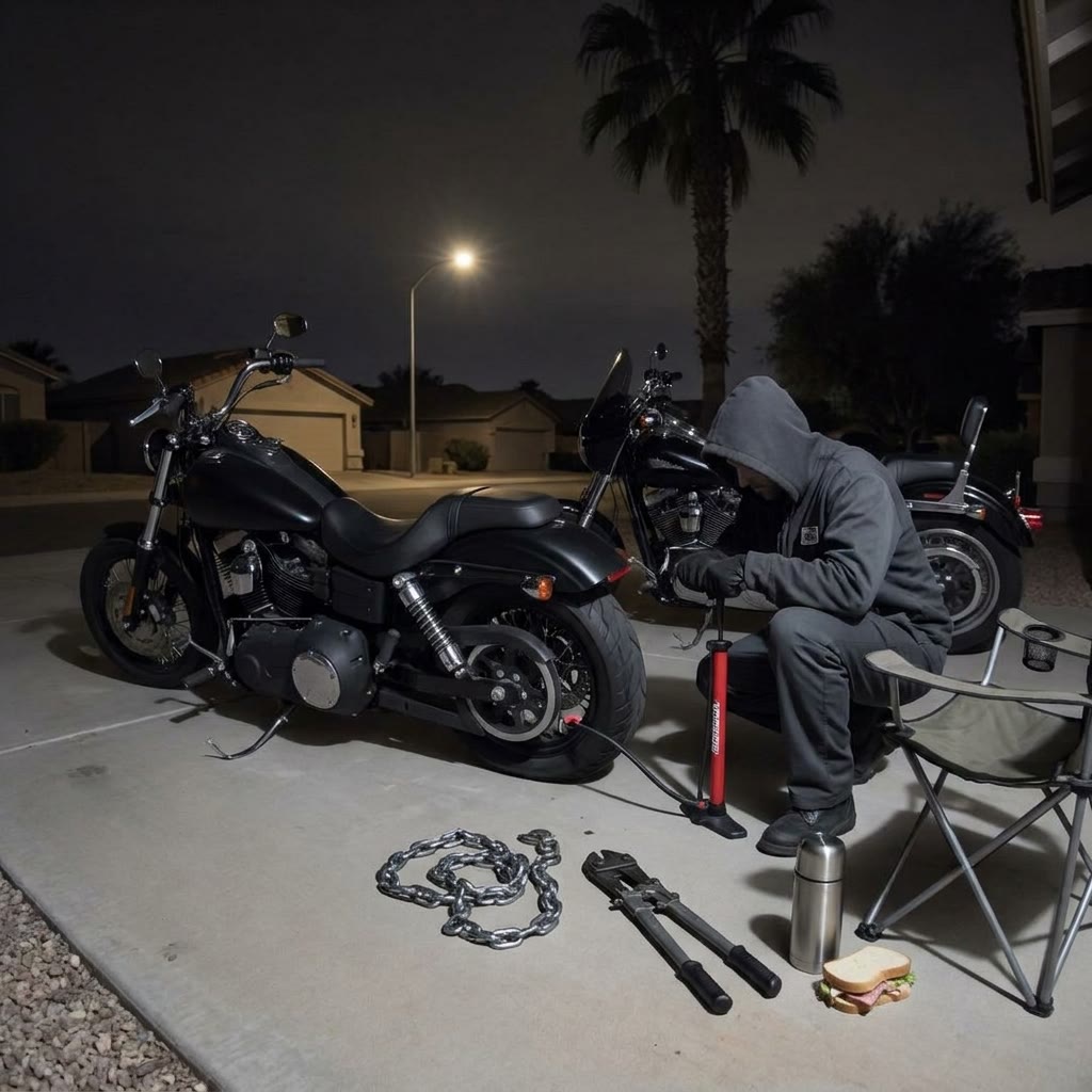 Dramatization: a hooded thief pumps up a motorcycle tire in a driveway next to a cut chain