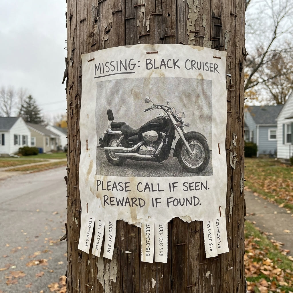 A missing poster for a black cruiser motorcycle stapled to a telephone pole