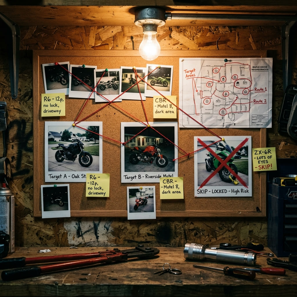 A thief’s corkboard of motorcycle photos, notes and a neighborhood map