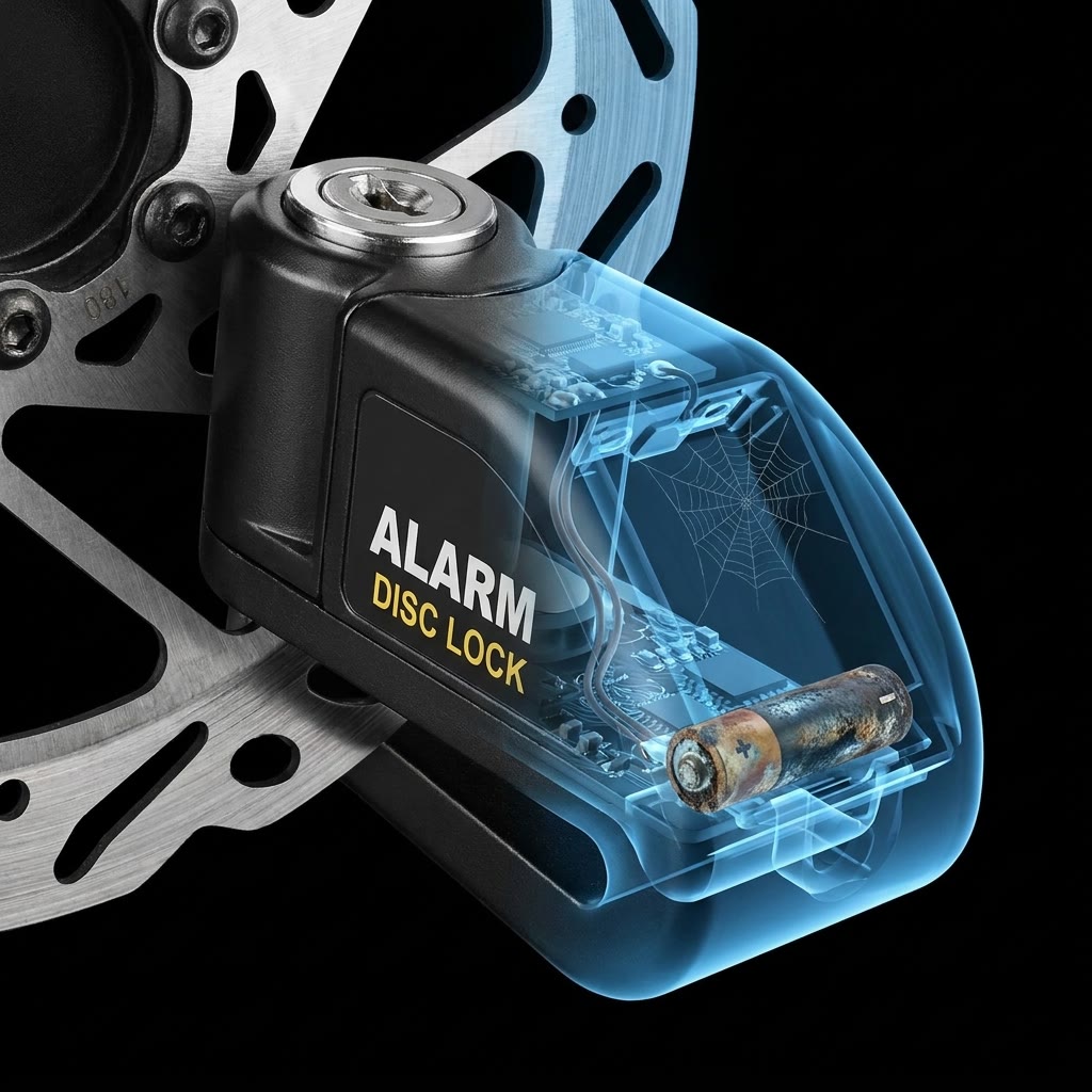 An X-ray view of an alarm disc lock showing a dead battery inside