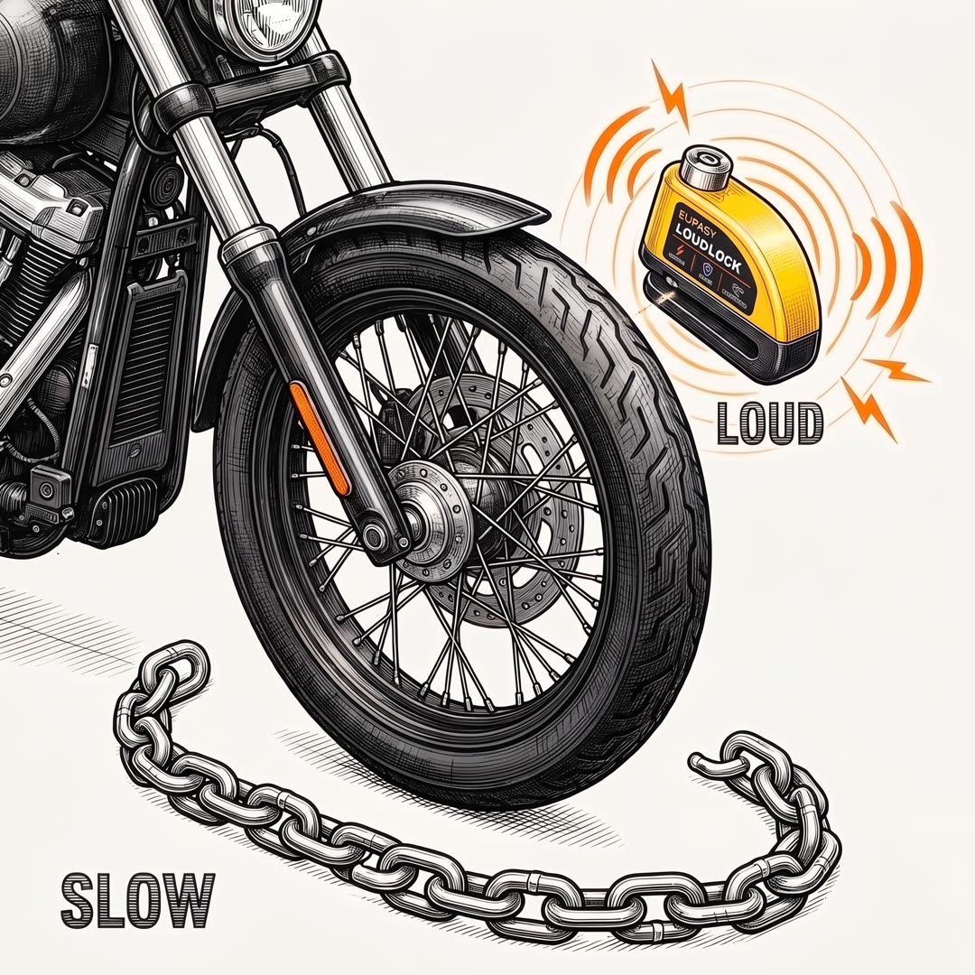 Diagram of a cruiser front wheel with a chain and a LoudLock as two security layers