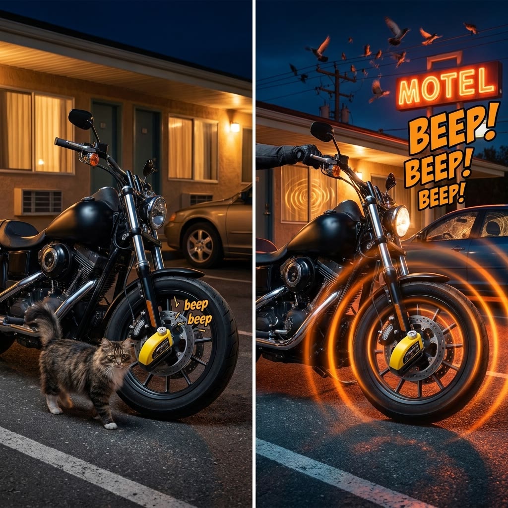 Split image: a cat brushing the wheel gets a small beep, a hand grabbing the bars sets off the full siren