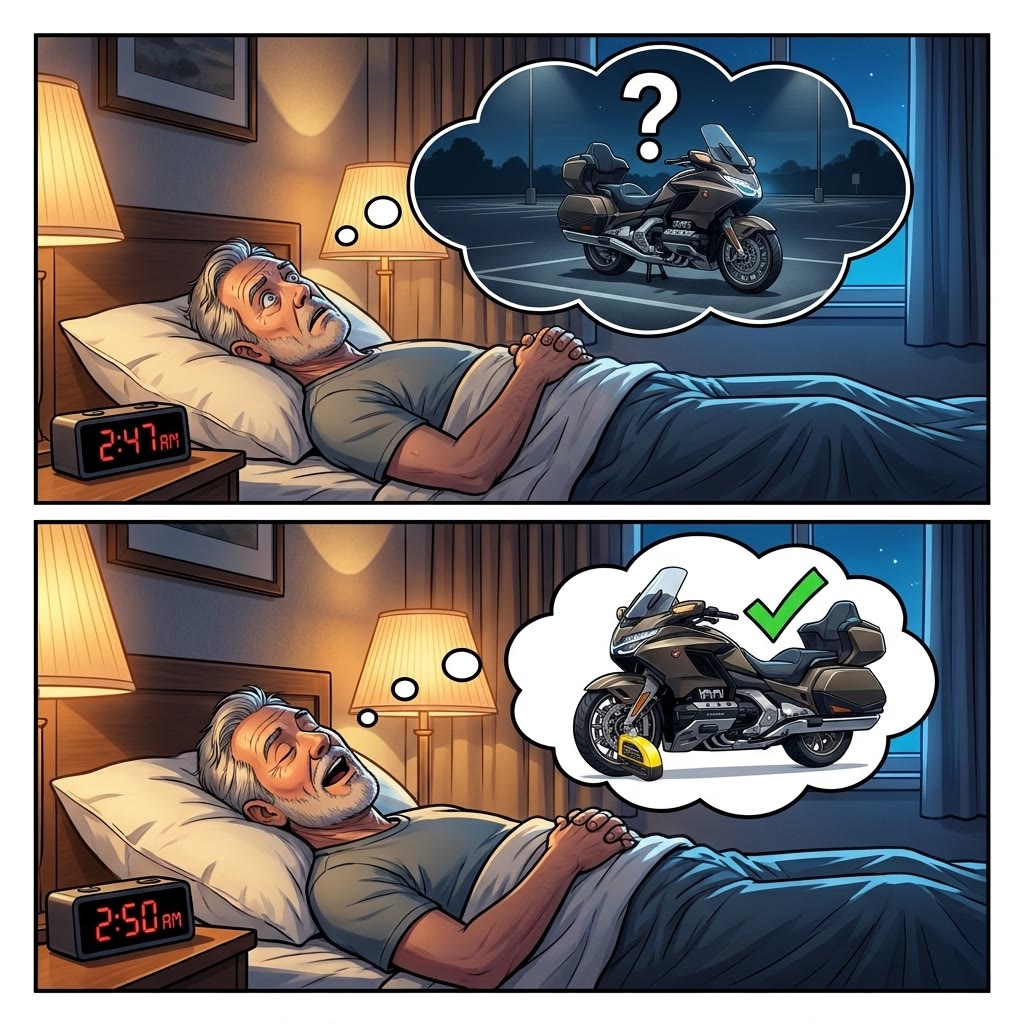 Before and after: a rider awake in a motel bed wondering about his bike, then asleep after the armed beep