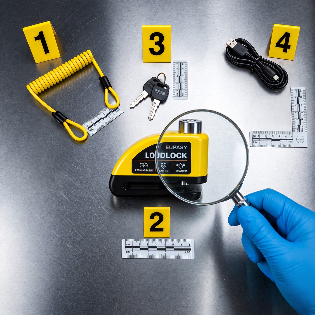 The LoudLock with its keys, reminder cable and charging cable on an evidence table