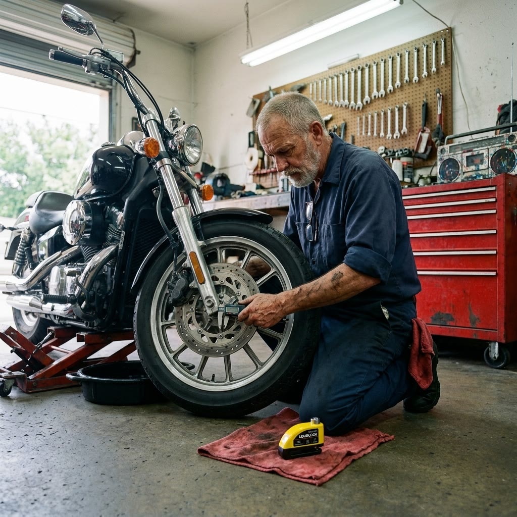 A veteran mechanic measures a brake disc hole with digital calipers