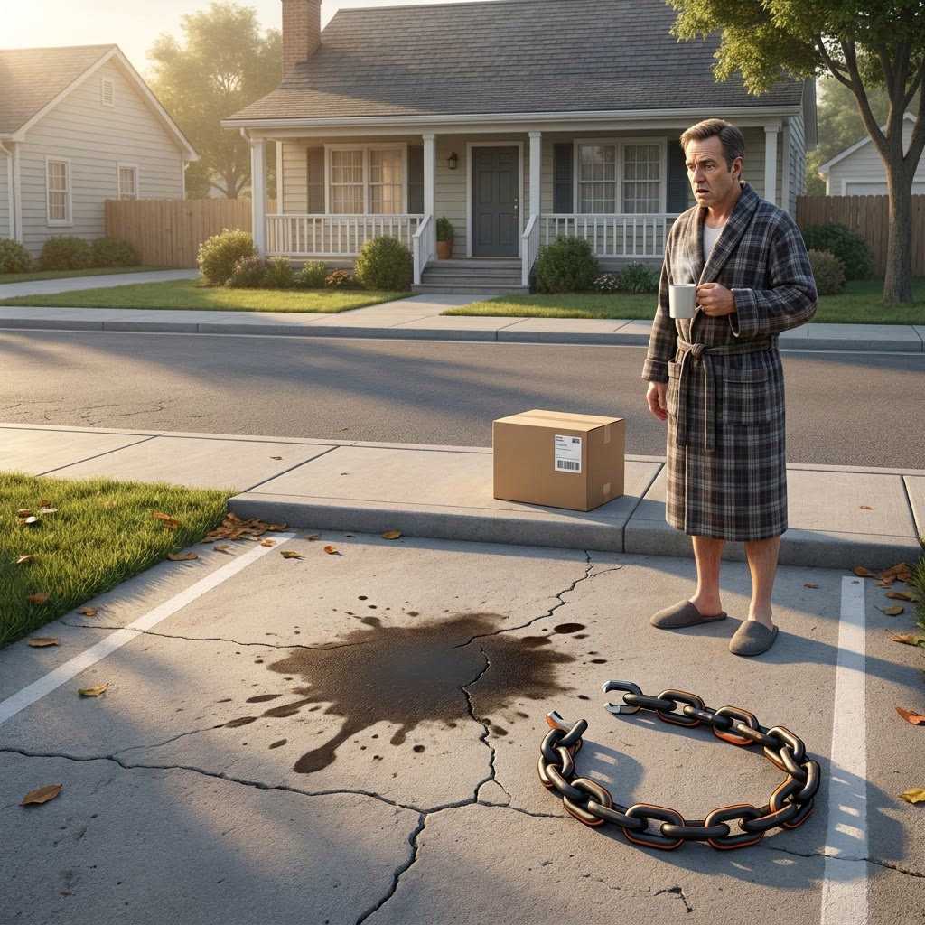 A man in a bathrobe finds an empty parking spot and a cut chain next to a just-delivered box