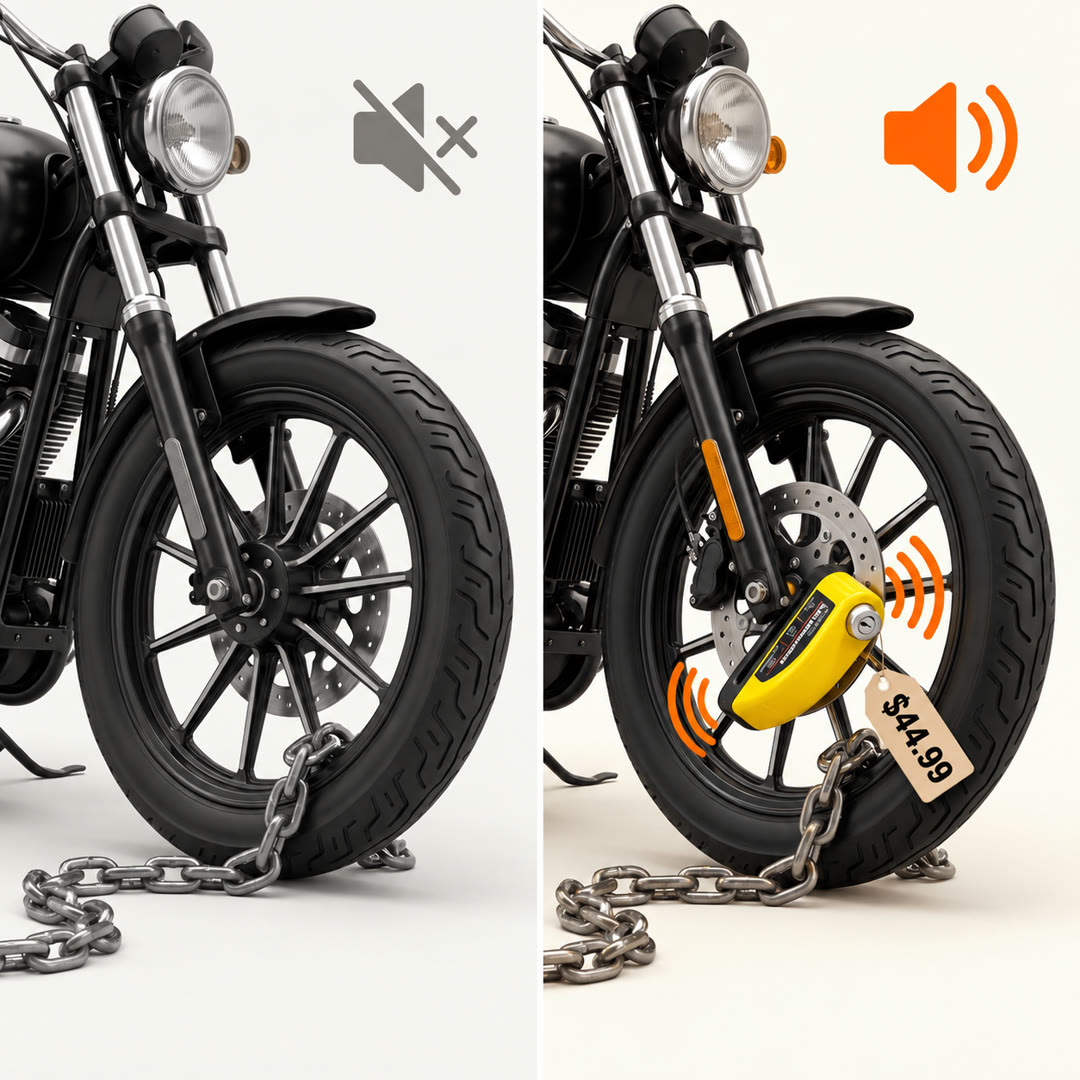 Split image: a chained motorcycle wheel marked silent, and the same wheel with a yellow LoudLock marked loud