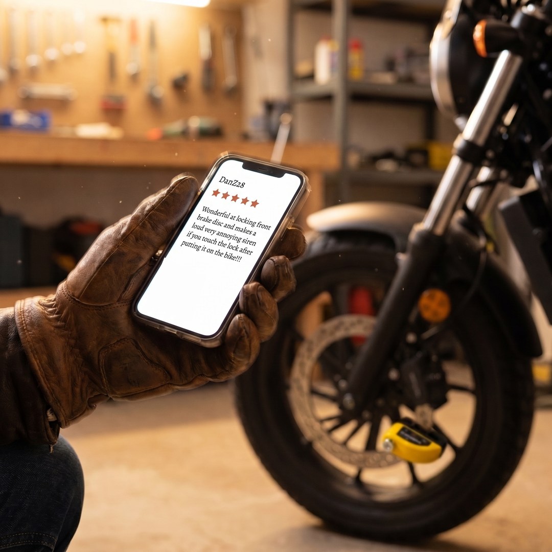 A gloved hand holds a phone showing DanZ28’s five-star review, with a motorcycle and yellow disc lock behind it