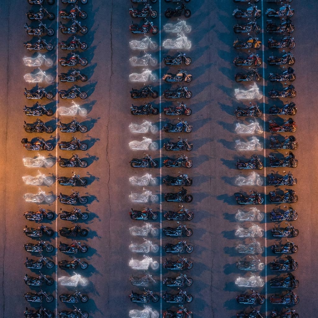 Aerial view of rows of parked motorcycles, many fading into white ghost outlines