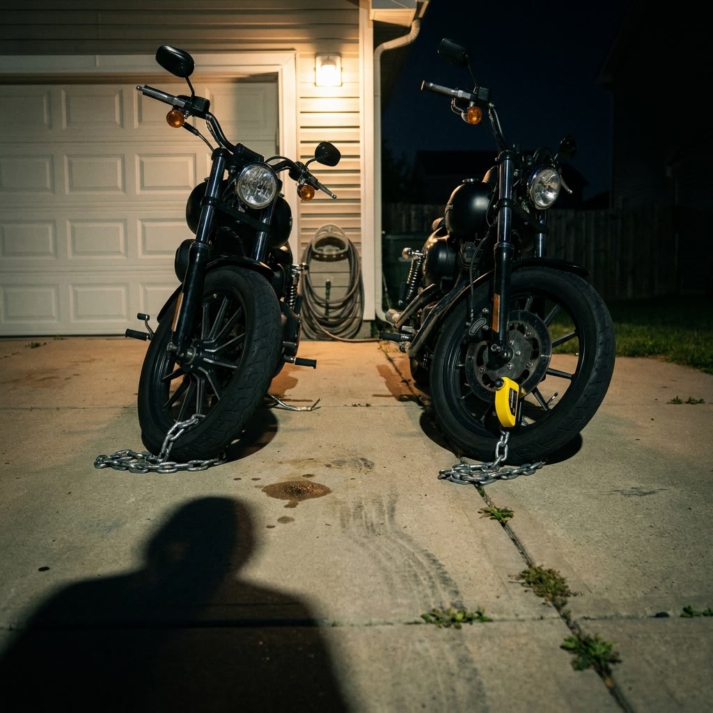 Two chained cruisers in a driveway at night, one with a yellow LoudLock, as a thief’s shadow approaches