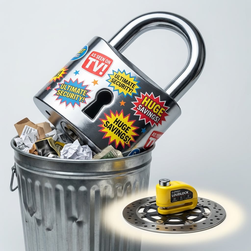 A giant padlock covered in hype stickers thrown in a trash can, next to a small yellow LoudLock on a brake disc