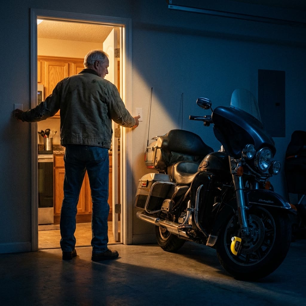 A rider at his kitchen door looks back at his touring motorcycle in the dark garage